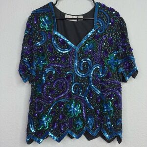 Laurence Kazar Shirt Womens XL Colorful Silk Sequin Embellished Formal Geometric